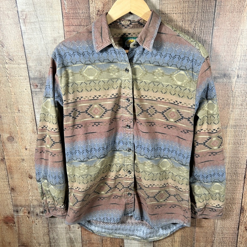 Cabelas Vintage 90s Multicolor Cotton Southwestern Aztec Button Down Shirt M
